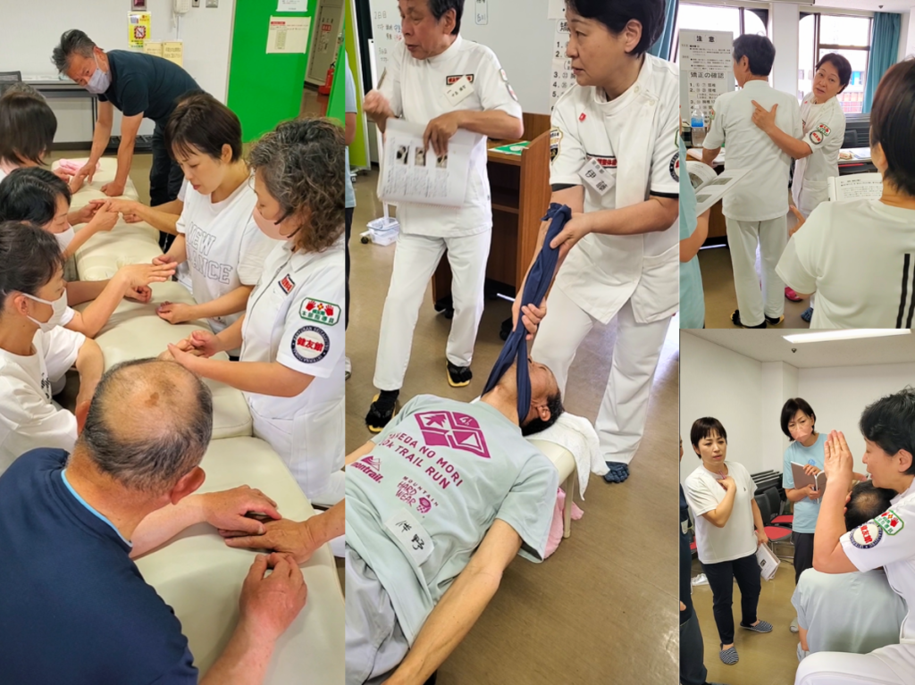 健友館整体師養成所の東京都での出張実技講習会で手技をマンツーマン指導する様子